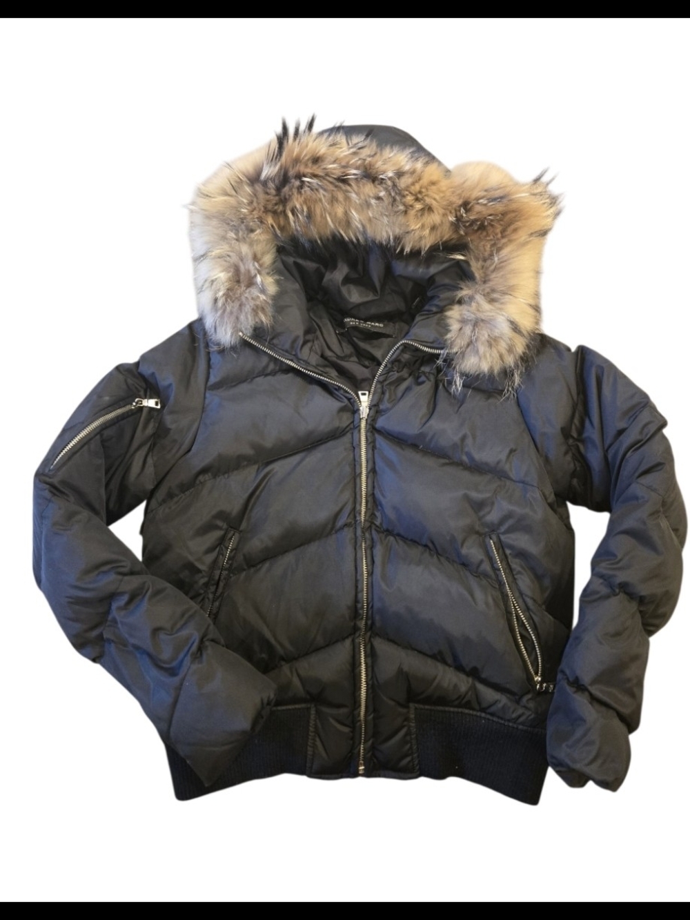 Andrew Marc Black Puffer Jacket with real raccoon fur hooded trim womens XS